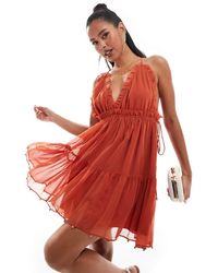 ASOS - Vestito Corto A Balze Con Volant E Spalline Sottili Color Ruggine Con Laccetti - Lyst