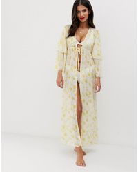 UNIQUE21 Maxi Kaftan Met Fijne Gele Palmprint En Gestrikte Voorkant - Geel