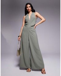 ASOS - Tuta Jumpsuit Color Kaki Con Scollo A V E Arricciatura - Lyst