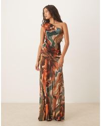 ASOS - Vestido Largo Asimétrico Con Marmoleado, Detalle Recogido Y Falda De Corte Amplio De Malla De - Lyst