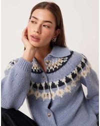 Aware - Chunky Wool Mix Fairisle Knitted Polo Neck Cardigan - Lyst