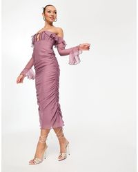 ASOS - Vestido midi color con pecho estilo corsé, escote bardot y falda fruncida - Lyst