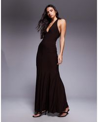 Fashionkilla - Exclusive Double Sculpted Slinky Plunge Halterneck Godet Hem Maxi Dress - Lyst