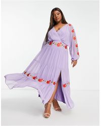 ASOS - Asos Design Curve V Neck Batwing Chiffon Maxi Dress With Embroidery Detail - Lyst