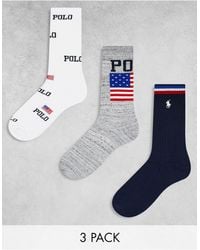 Polo Ralph Lauren - Confezione da 3 paia di calzini sportivi blu navy, grigio e con logo a bandiera - Lyst