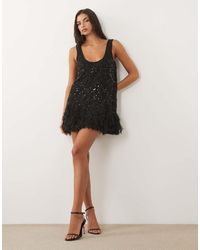 ASOS - Embellished Scoop Neck Mini Dress With Faux Feather Hem - Lyst