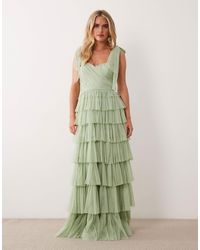 lace & beads layered tulle bardot maxi dress in lilac MAXI BEADED DRESS IN LILAC – Sudietuz