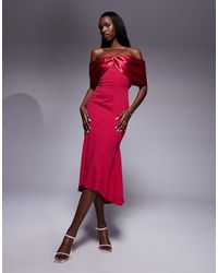 Goddiva - Twist Knot Satin & Scuba Bardot High Low Midi Dress - Lyst