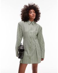 ASOS - Vestito Camicia Corto Verde Salvia E Bianco A Righe Raccolto Con Spalline Imbottite - Lyst