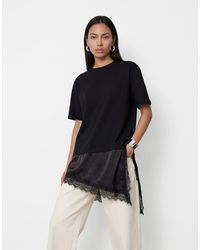 Noisy May - Oversized Satin T-Shirt With Asymm Lace Hem - Lyst