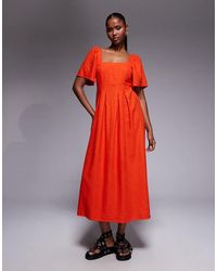 River Island - Linen Look Shirred Midi Dress - Lyst