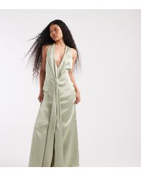 TFNC London - Bridesmaid Satin Plunge Halter Neck Tassel Detail Maxi Dress - Lyst