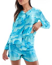 Luna - Cloud Print Long Sleeve Satin Revere Pyjama Set - Lyst