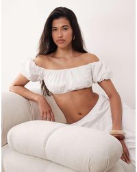 Kaiia - Exclusive Cotton Puff Off The Shoulder Sleeve Bandeau Crop Top Co-Ord - Lyst