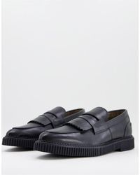 Bolongaro Trevor Leather Fringed Loafer Shoes With Ridge Sole - Black