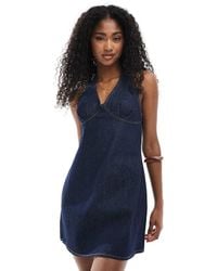 ASOS - Vestido Vaquero Con Cuello Halter Y Pliegues De -Azul Marino - Lyst