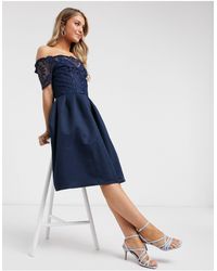 Chi Chi London Halflange Kanten Bardot-jurk - Blauw