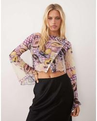 ASOS - Co-ord Printed Mesh Angel Sleeve Button Through Top - Lyst