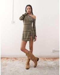 Reclaimed (vintage) - Geruite Mini Skort-Jurk Van Gladde Stof Met Lange Mouwen - Lyst