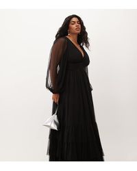 Lace & Beads Plus - Bridesmaid Tulle Sheer Sleeve Plunge Neck Tiered Maxi Dress - Lyst