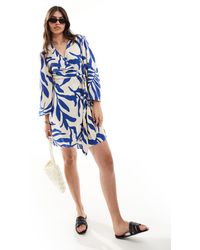 Jdy - Wrap Kimono Dress Beige With Blue Palm Print - Lyst