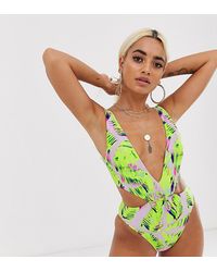 ASOS Asos Design Petite - Badpak Met Geplooide Taille Met Strikceintuur En Neon Bladprint - Groen