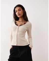 ASOS - Long Sleeve With V Neck And Black Lace Trim Top - Lyst