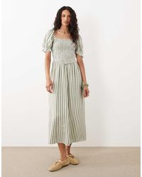 New Look - Puff Sleeve Stripe Shirred Midi Dress - Lyst
