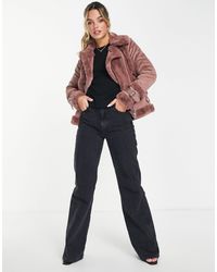Morgan Faux Fur Zip Detail Shearling Jacket - Pink