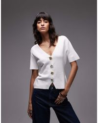 Mango - Compact Knit V Neck Short Sleeve Cardigan With Statement Buttons - Lyst