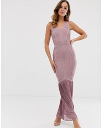 Lipsy Vestito lungo a fascia viola polvere con fondo a sirena plissettato