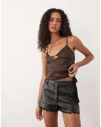 Miss Selfridge - Faux Leather Lace Hem Micro Short - Lyst