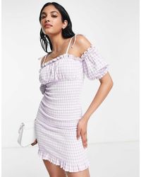 River Island - Puff Sleeve Gingham Shirred Mini Dress - Lyst