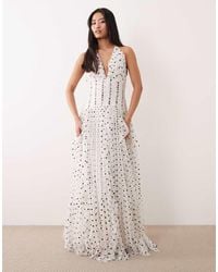 LACE & BEADS - Tulle Halter Neck Ruffle Detail Maxi Dress - Lyst