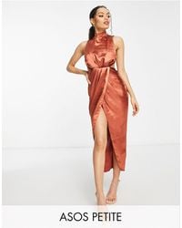 ASOS - Asos Design Petite High Neck Satin Midi Dress With Drape Detail Skirt - Lyst