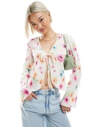 Pieces - Plisse Long Sleeve Tie Front Top - Lyst