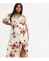 Boohoo Bardot Maxi Dress In Beige Floral - Natural