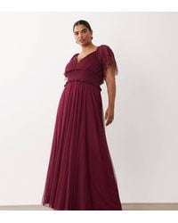 Lace & Beads Plus - Bridesmaid Shirred Waist V Neck Mesh Flutter Sleeve Maxi Dress - Lyst