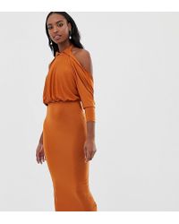 ASOS Asos Design Tall Slinky High Neck Blouson Sleeve Open Back Midi Dress - Brown