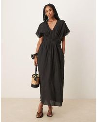 Mango - Ramie Linen Blend Drape Sleeve Midaxi Dress With Ruched Pleated Detail Waist And Side Split - Lyst