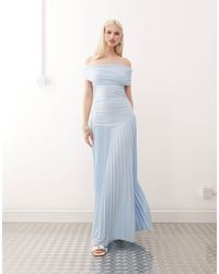 Lioness - Field Of Dreams Foldover Bardot Ruched Drop Waist Pleated Maxi Dress - Lyst