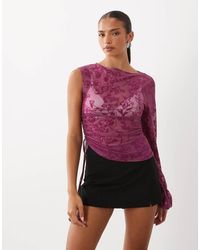 ASOS - Flocked Mesh One Shoulder Cape Sleeve Top - Lyst
