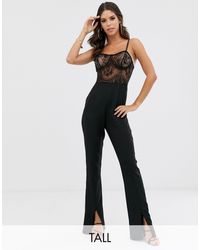 Missguided Черный Кружевной Комбинезон С Разрезами На Штанинах