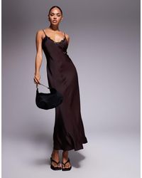 ASOS - V Neck Lace Trim Satin Slip Maxi Dress - Lyst