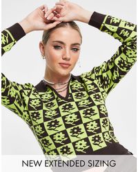 Reclaimed (vintage) Inspired Polo Checkerboard Flower Print Sweater - Multicolor