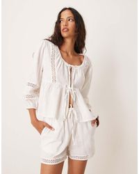 Iisla & Bird - Long Sleeve Crochet Panel Tie Front Beach Shirt Co-ord - Lyst