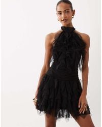 LACE & BEADS - Tulle Halter Ruffle Detail Tiered Mini Dress - Lyst