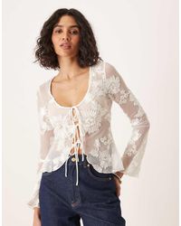 Gina Tricot - Long Sleeve Sheer Embroidery Lace Front Tie Top - Lyst