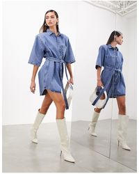 ASOS - Denim Shoulder Pad Mini Dress With Belt - Lyst
