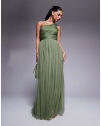 LACE & BEADS - Vestito Lungo Monospalla Color Oliva Tenue - Lyst